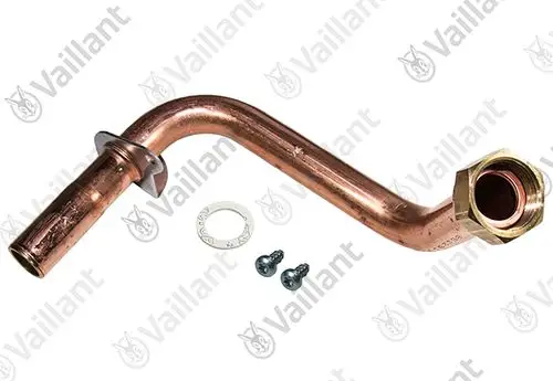 Kupfergasrohr von Vaillant mit einem Knick und Anschlussstück, begleitet von einer Dichtung und Schrauben. Ideal für Gasinstallationen in Heizsystemen.
